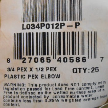 3/4" X 1/2" PLASTIC 90 DEGREE PEX ELBOW SOLD AS 25 PER BAG