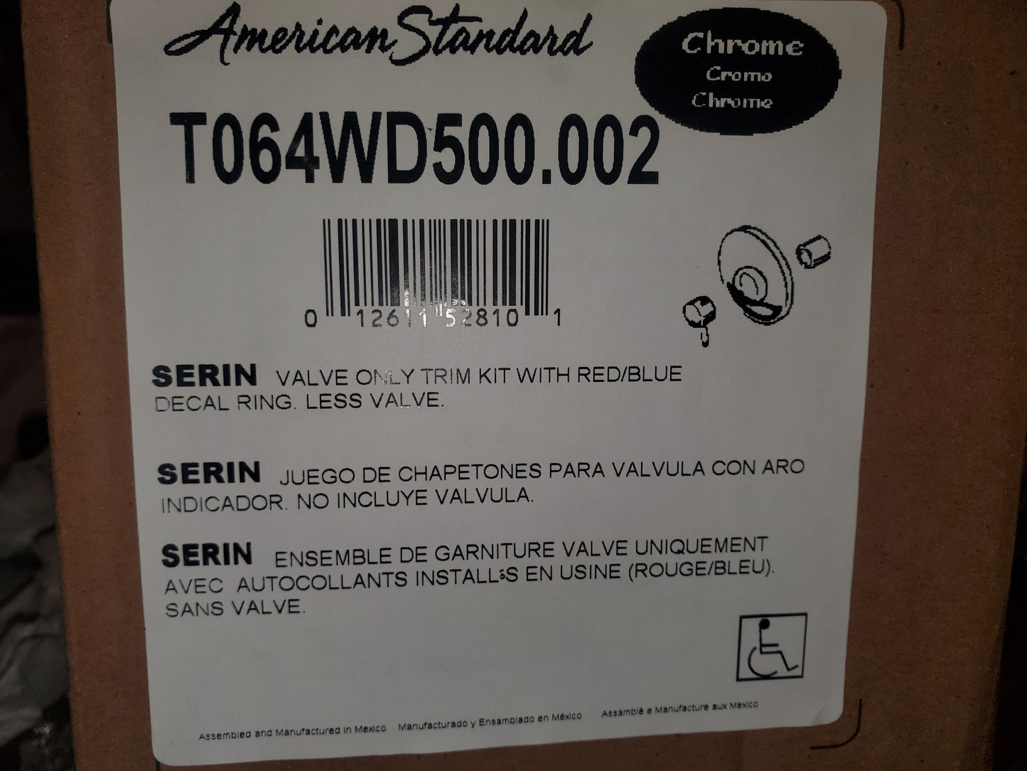 SERIN CHROME SHOWER VALVE ONLY TRIM KIT WITH RED/BLUE DECAL RING, LESS VALVE BODY