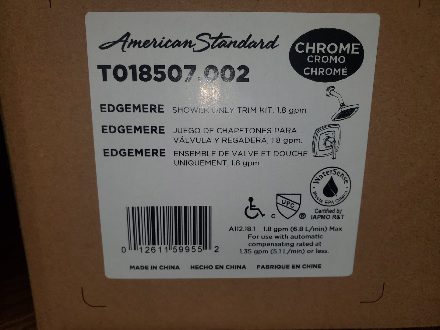 "EDGEMERE" CHROME SHOWER ONLY TRIM KIT - 1.8 GPM, LESS VALVE BODY