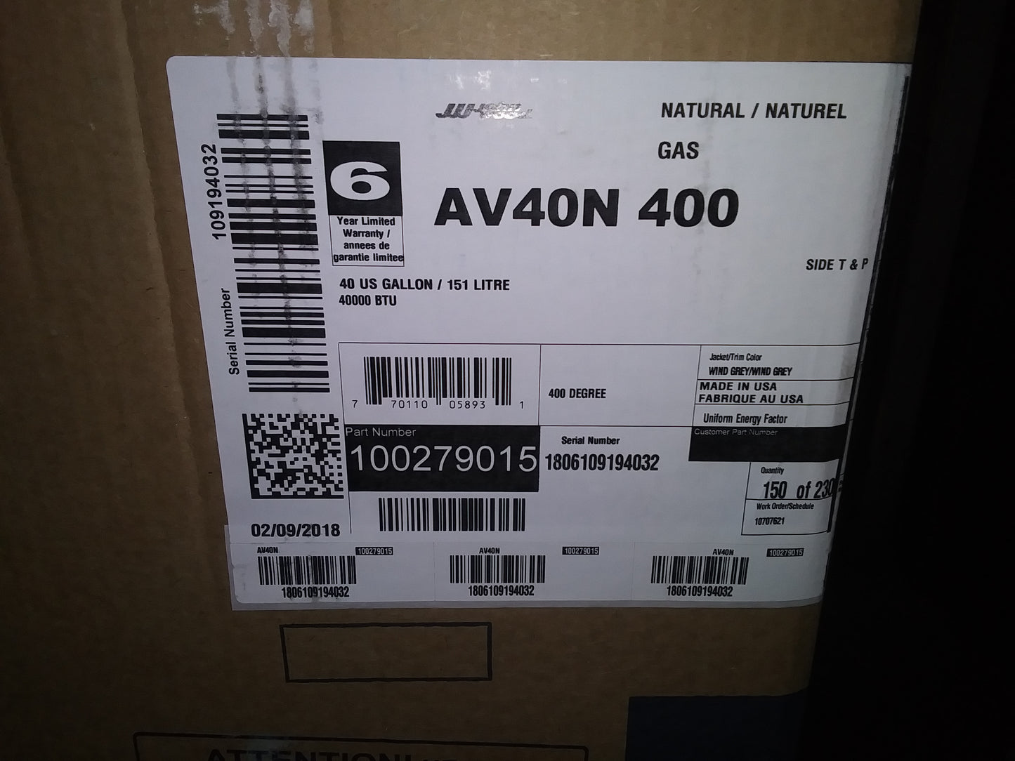 40 GALLON "JOHN WOOD PROLINE"COMMERCIAL GRADE ATMOSPHERIC VENT NATURAL GAS WATER HEATER, 120/60/1