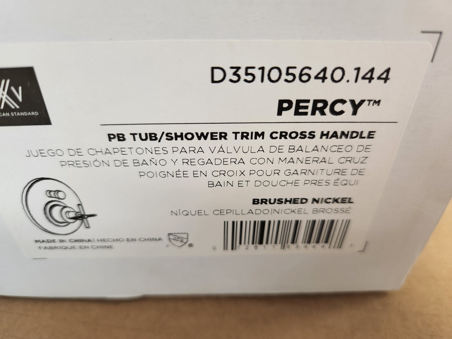 PERCY BRUSHED NICKEL PRESSURE BALANCE TUB/SHOWER VALVE TRIM WITH CROSS HANDLE
