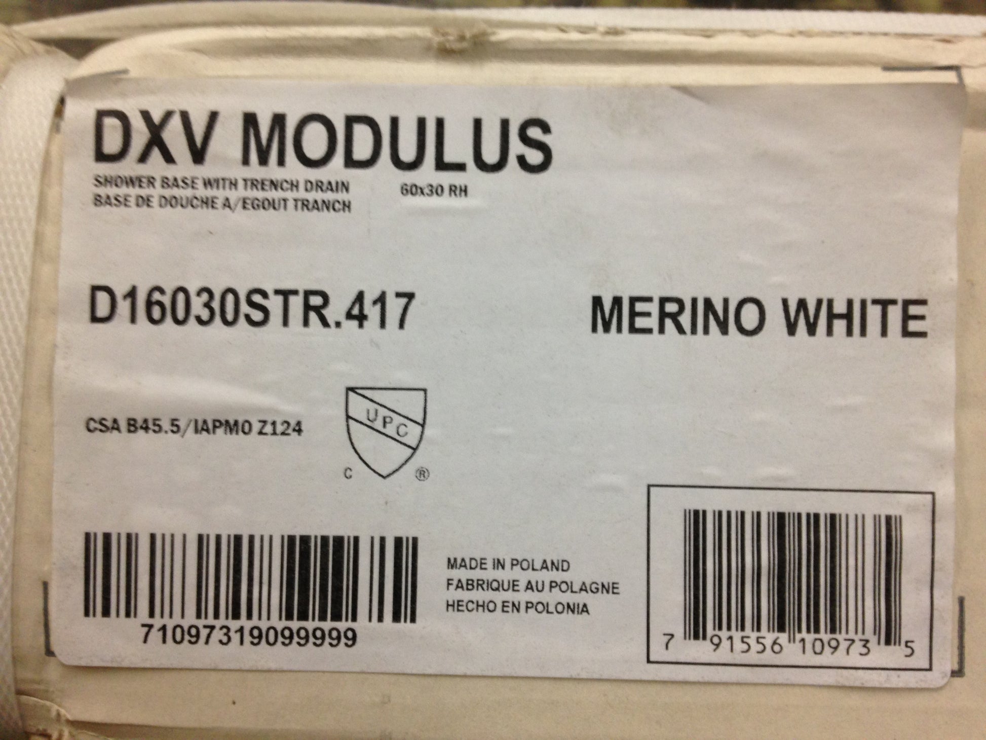 DXV MODULUS SHOWER BASE, 60" X 30", RIGHT