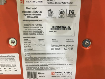 MODEL 3 ELECTRIC TANKLESS HIGH EFFICIENCY SMART WATER HEATER 208-240V, 30-100A, 6.2-24KW