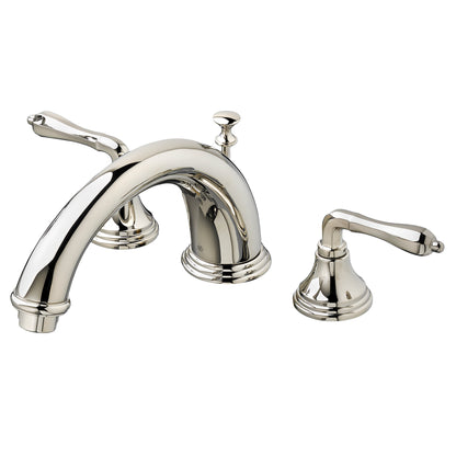 2-HANDLE DECK MOUNT BATHTUB FAUCET WITH HAND SHOWER AND LEVER HANDLES IN PLATINUM NICKEL