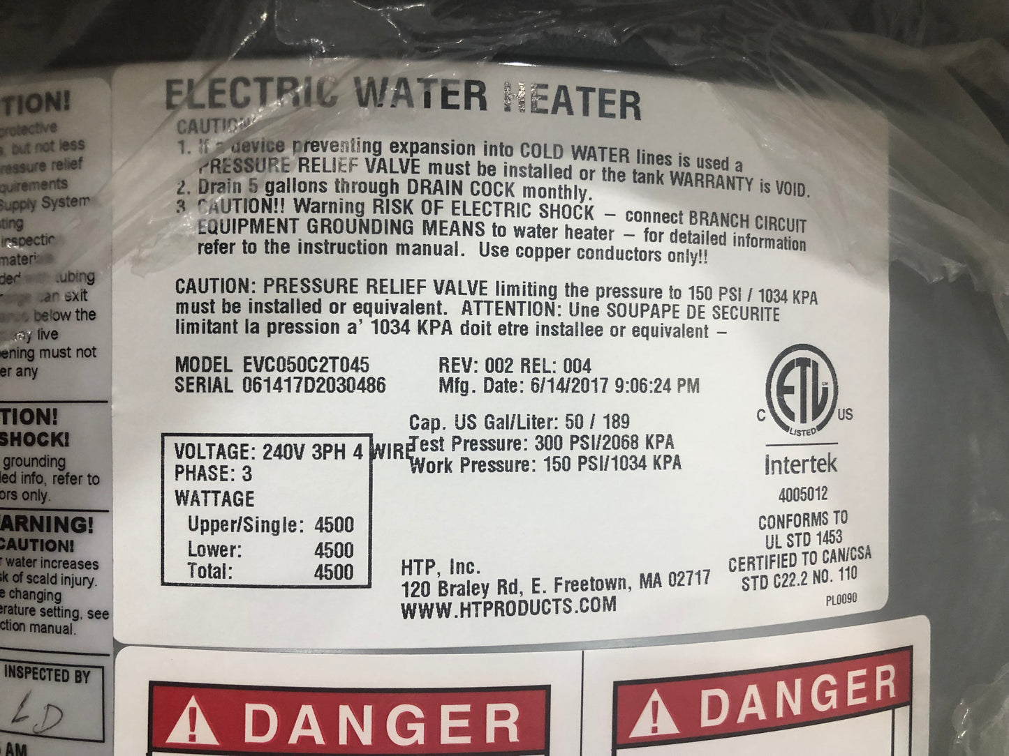 50 GALLON MEDIUM DUTY COMMERCIAL TWO ELEMENT ELECTRIC WATER HEATER 240/60/3